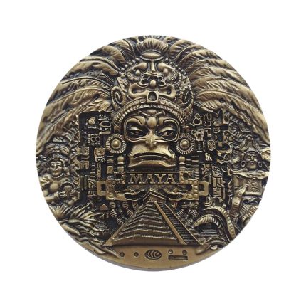 ancient maya god fridge magnet intricate metal relief coin with pyramid & hieroglyphic symbols