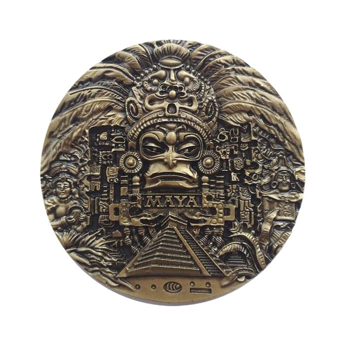 ancient maya god fridge magnet intricate metal relief coin with pyramid & hieroglyphic symbols