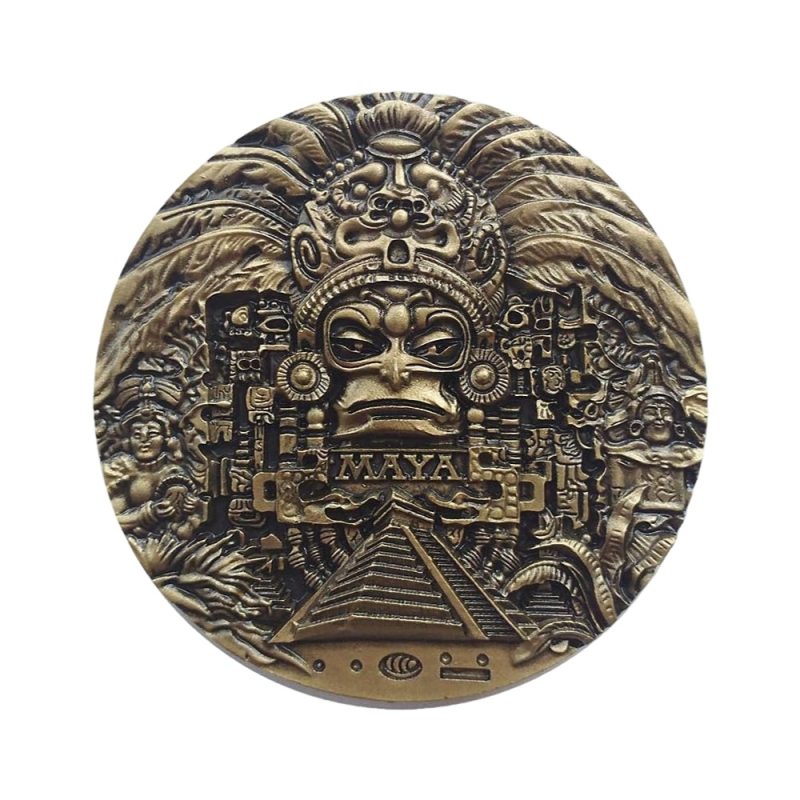 ancient maya god fridge magnet intricate metal relief coin with pyramid & hieroglyphic symbols