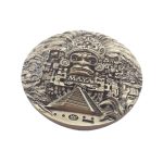 ancient maya god fridge magnet intricate metal relief coin with pyramid & hieroglyphic symbols