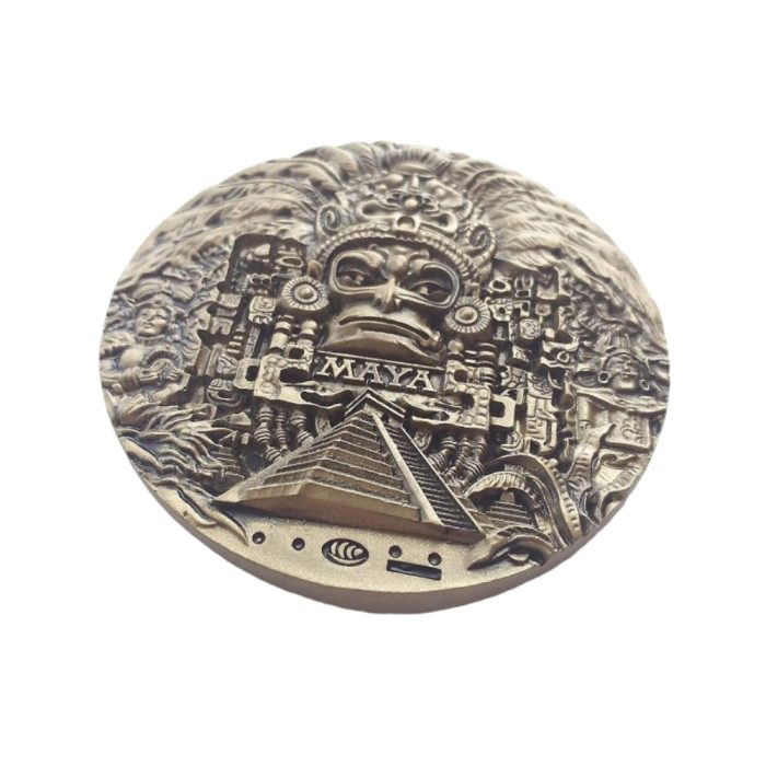 ancient maya god fridge magnet intricate metal relief coin with pyramid & hieroglyphic symbols