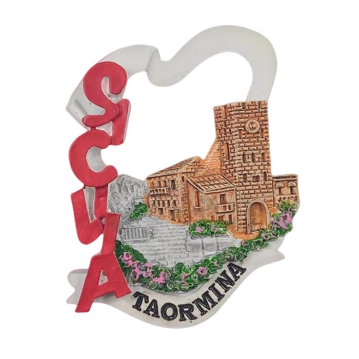 taormina sicily fridge magnet historic italian village souvenir, stone tower travel keepsake