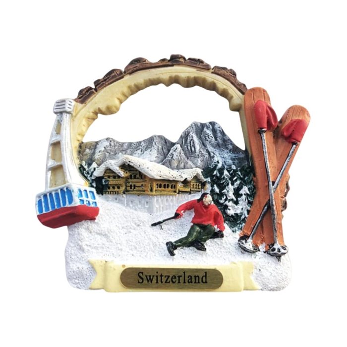 switzerland ski resort fridge magnet – snowy mountain scene with gondola travel gift & winter decor