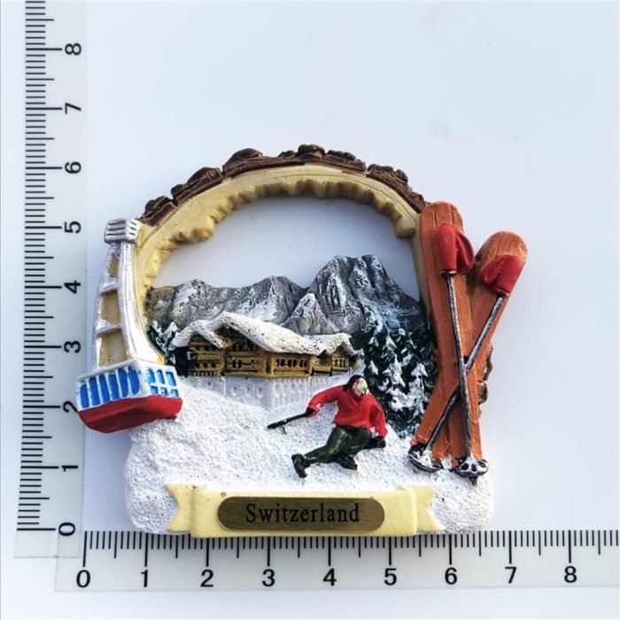switzerland ski resort fridge magnet – snowy mountain scene with gondola travel gift & winter decor