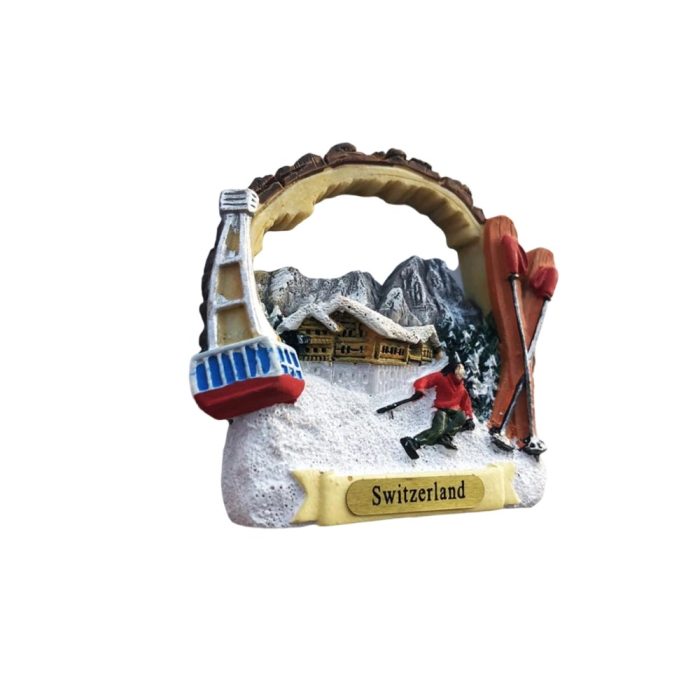 switzerland ski resort fridge magnet – snowy mountain scene with gondola travel gift & winter decor