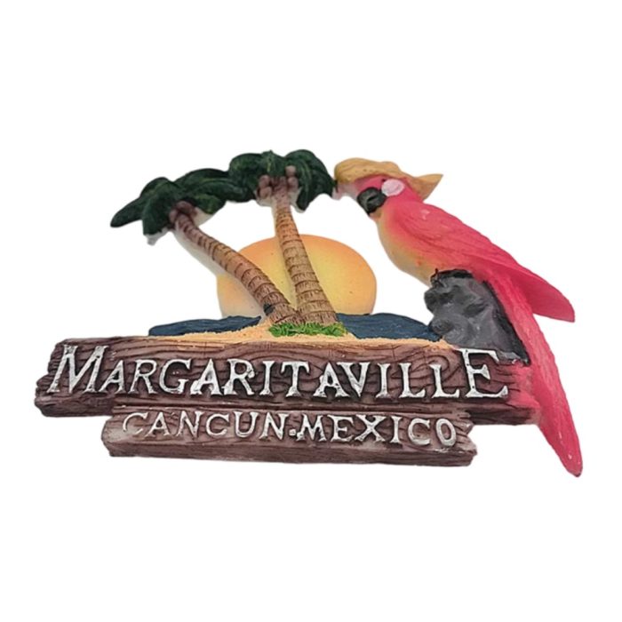 margaritaville parrot fridge magnet cheerful cancun mexico resort souvenir with sunset & palms