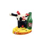 switzerland cheese fondue fridge magnet – alpine cuisine scene with wine bottle souvenir for kitchen decor