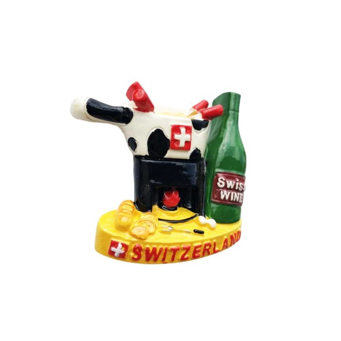 switzerland cheese fondue fridge magnet – alpine cuisine scene with wine bottle souvenir for kitchen decor