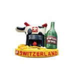 switzerland cheese fondue fridge magnet – alpine cuisine scene with wine bottle souvenir for kitchen decor