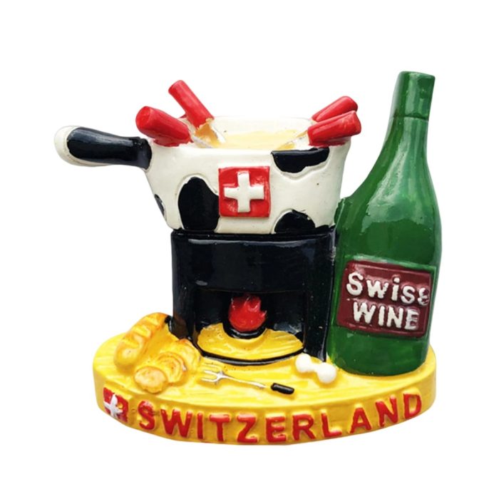 switzerland cheese fondue fridge magnet – alpine cuisine scene with wine bottle souvenir for kitchen decor