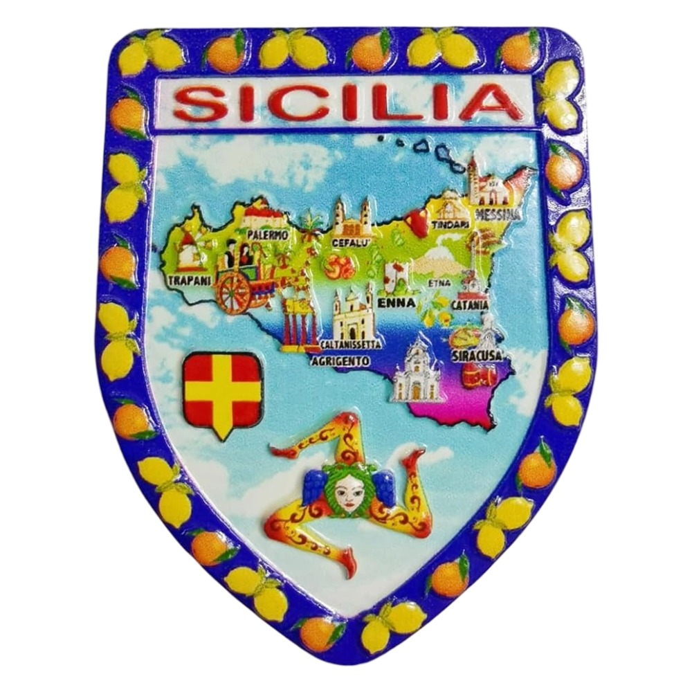 sicilia map fridge magnet – sicily island crest style travel souvenir with folk motif