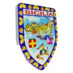 sicilia map fridge magnet – sicily island crest style travel souvenir with folk motif