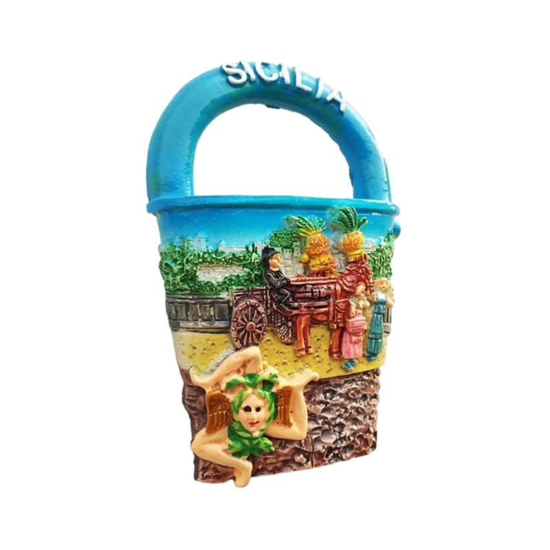 sicilia italy fridge magnet – traditional island cart with family and trinacria emblem – colorful heritage gift & travel memory decor