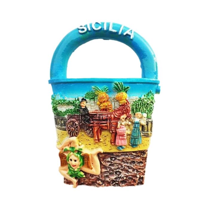 sicilia italy fridge magnet – traditional island cart with family and trinacria emblem – colorful heritage gift & travel memory decor