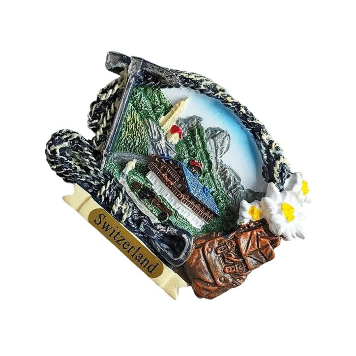 rustic swiss village fridge magnet – switzerland travel souvenir with edelweiss and alpine adventure theme