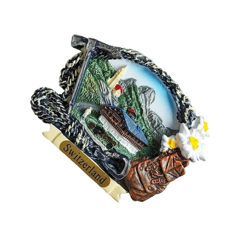 rustic swiss village fridge magnet – switzerland travel souvenir with edelweiss and alpine adventure theme
