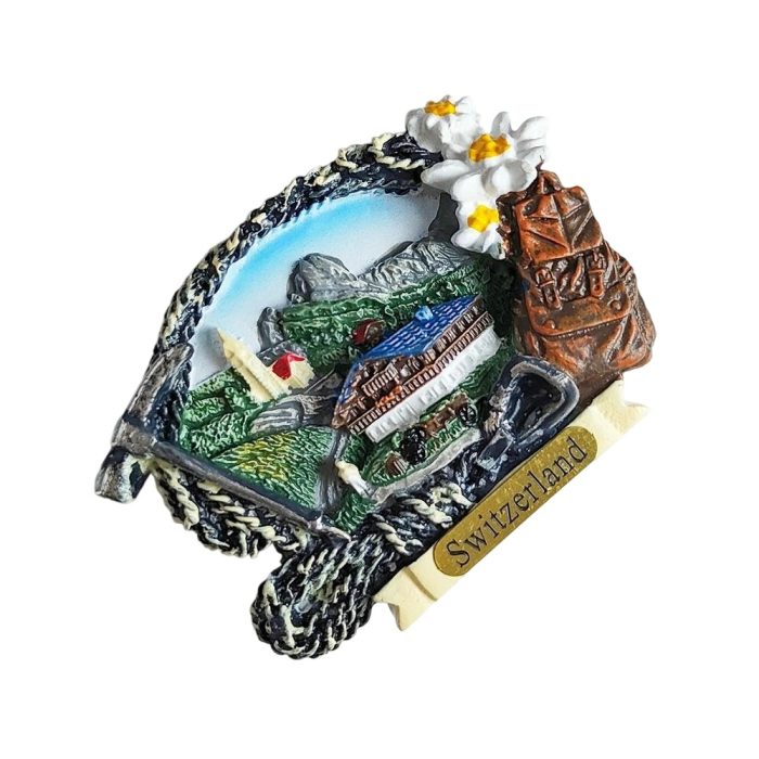 rustic swiss village fridge magnet – switzerland travel souvenir with edelweiss and alpine adventure theme