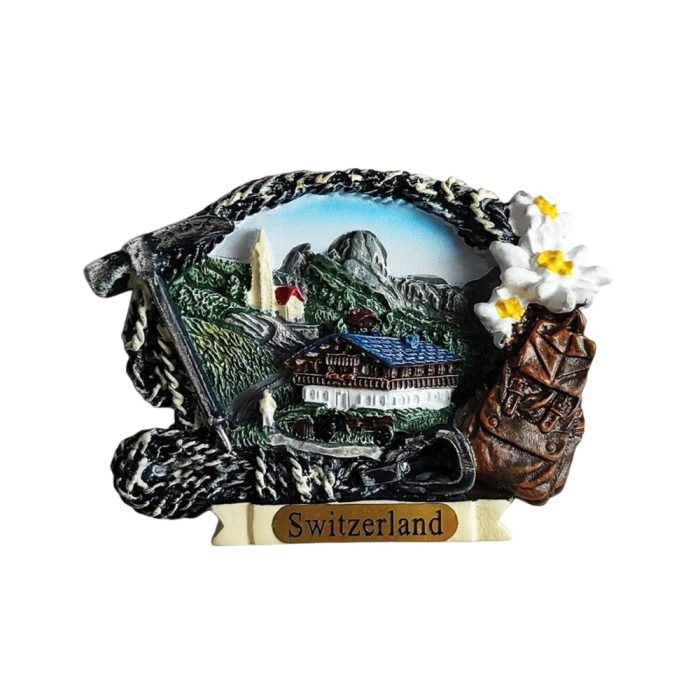 rustic swiss village fridge magnet – switzerland travel souvenir with edelweiss and alpine adventure theme