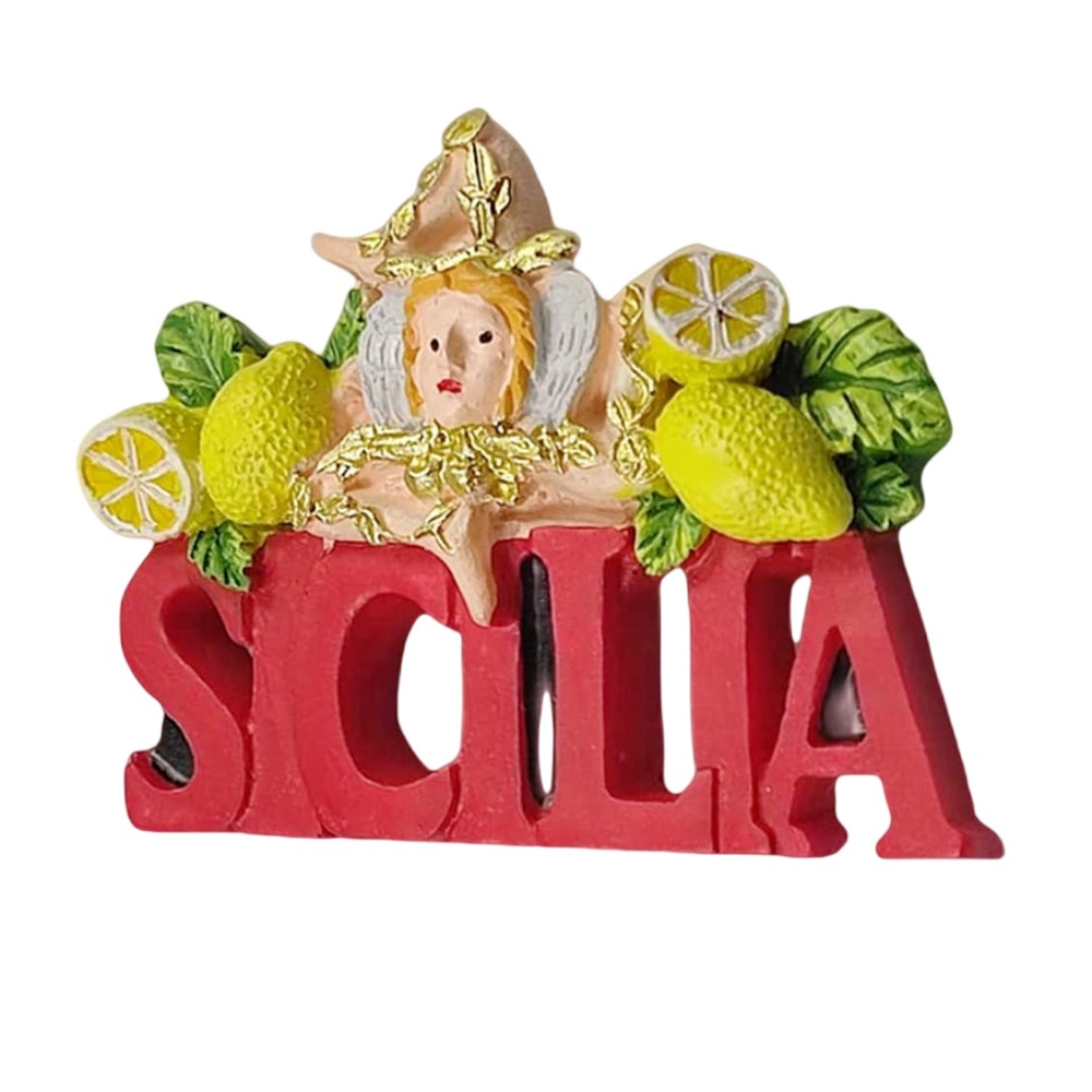 sicilia italy fridge magnet red lettering with trinacria & lemons authentic sicilian travel gift