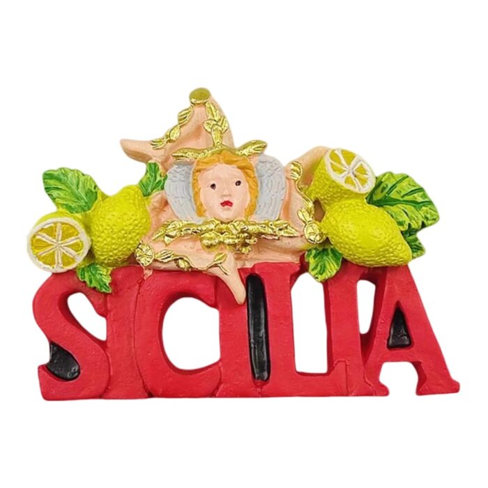 sicilia italy fridge magnet red lettering with trinacria & lemons authentic sicilian travel gift