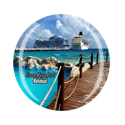 mahahual cruise port fridge magnet costa maya mexico pier with wooden dock & ocean view decor