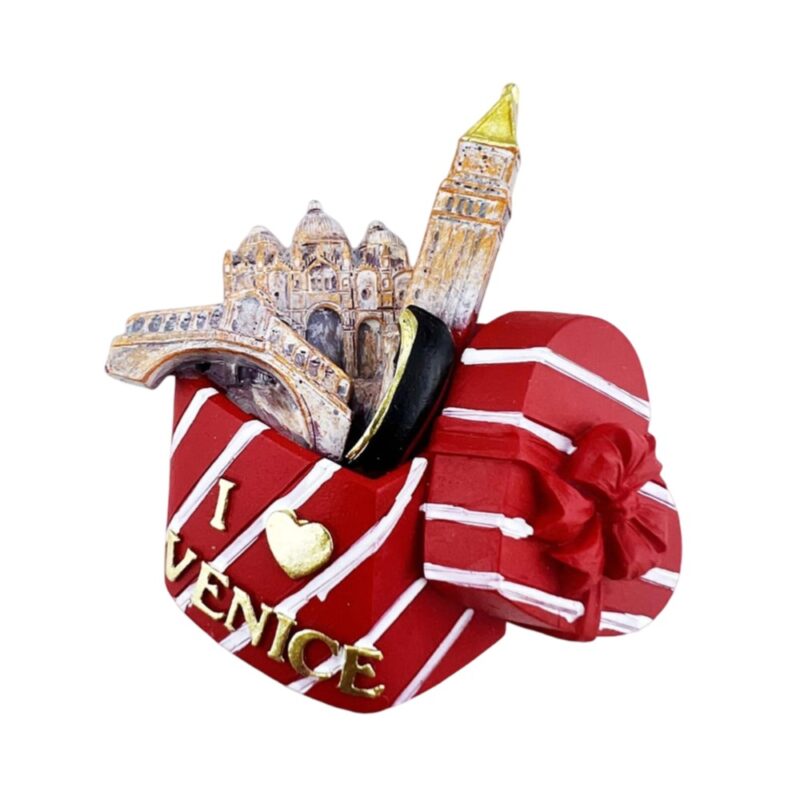 venice italy fridge magnet – heart shaped gift box with gondola & rialto bridge – romantic souvenir & couple’s whiteboard decor