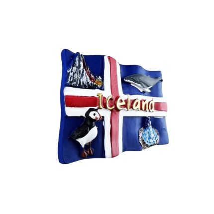 iceland flag wildlife fridge magnet – puffin, whale & volcano travel souvenir for nature lovers