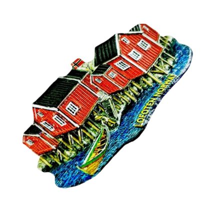 lofoten norway red cabins fridge magnet – traditional nordic architecture travel keepsake