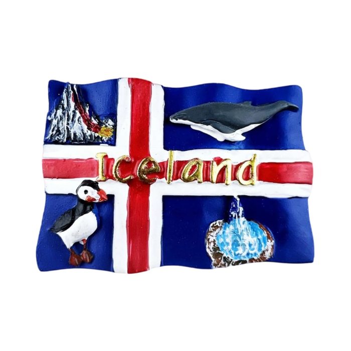 iceland flag wildlife fridge magnet – puffin, whale & volcano travel souvenir for nature lovers