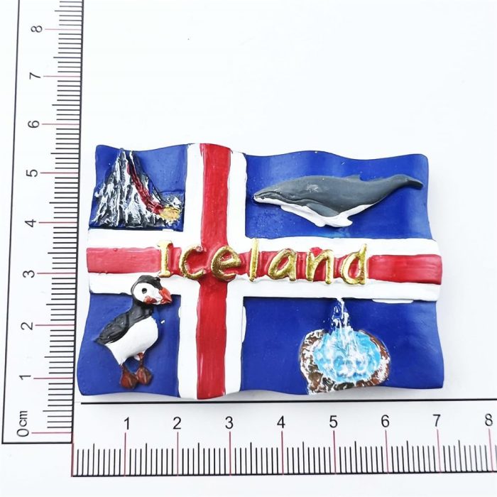 iceland flag wildlife fridge magnet – puffin, whale & volcano travel souvenir for nature lovers