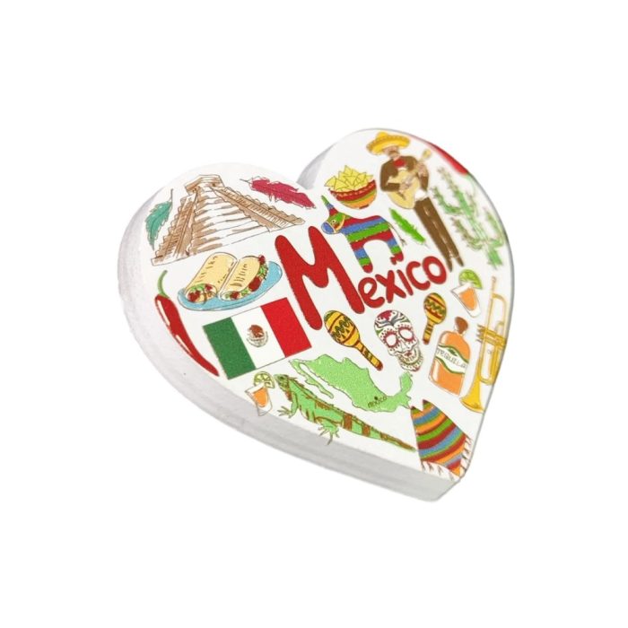 heart shaped mexico fridge magnets colorful mexican souvenir with tequila, sombrero & pyramid decor