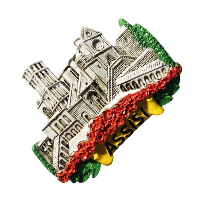 assisi italy fridge magnet – basilica of saint francis landmark travel souvenir with floral border