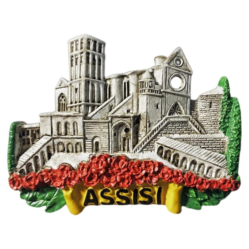 assisi italy fridge magnet – basilica of saint francis landmark travel souvenir with floral border