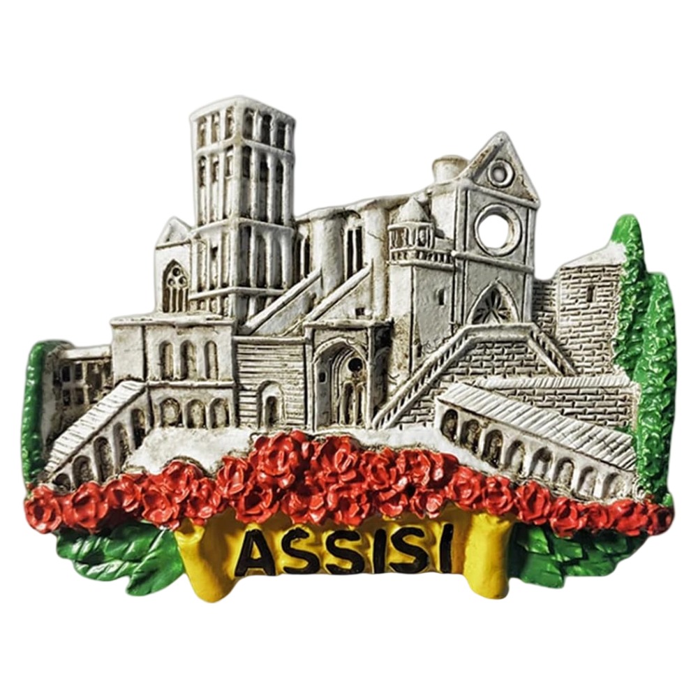 assisi italy fridge magnet – basilica of saint francis landmark travel souvenir with floral border