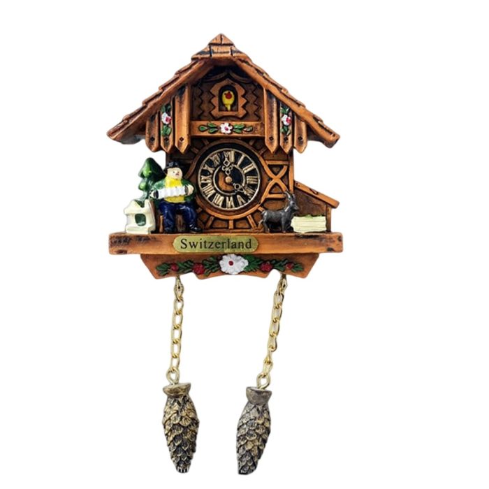 wooden chalet clock fridge magnet – switzerland traditional cabin scene for rustic home or fridge decoration