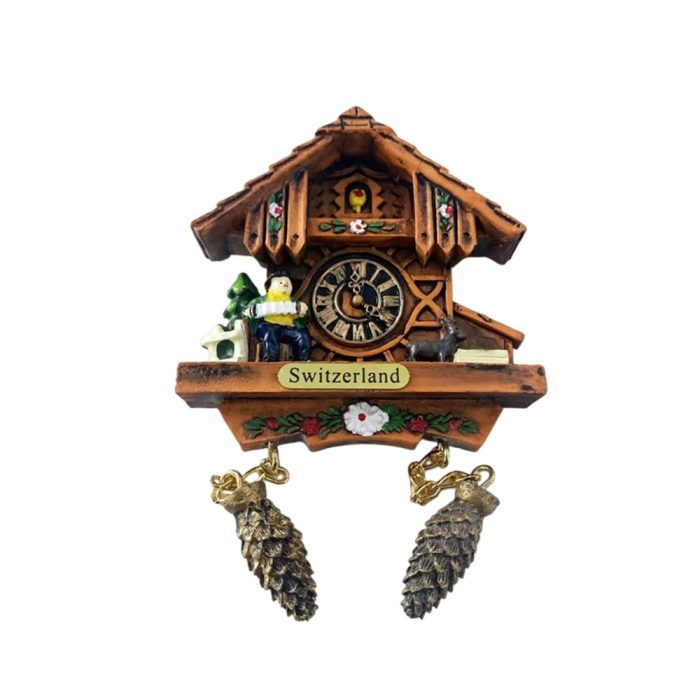 wooden chalet clock fridge magnet – switzerland traditional cabin scene for rustic home or fridge decoration