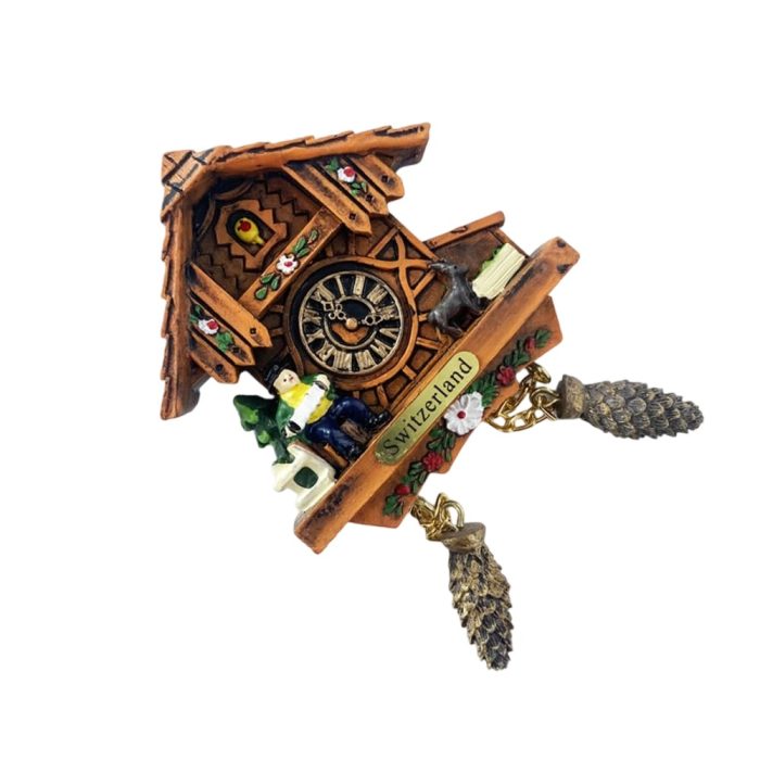 wooden chalet clock fridge magnet – switzerland traditional cabin scene for rustic home or fridge decoration