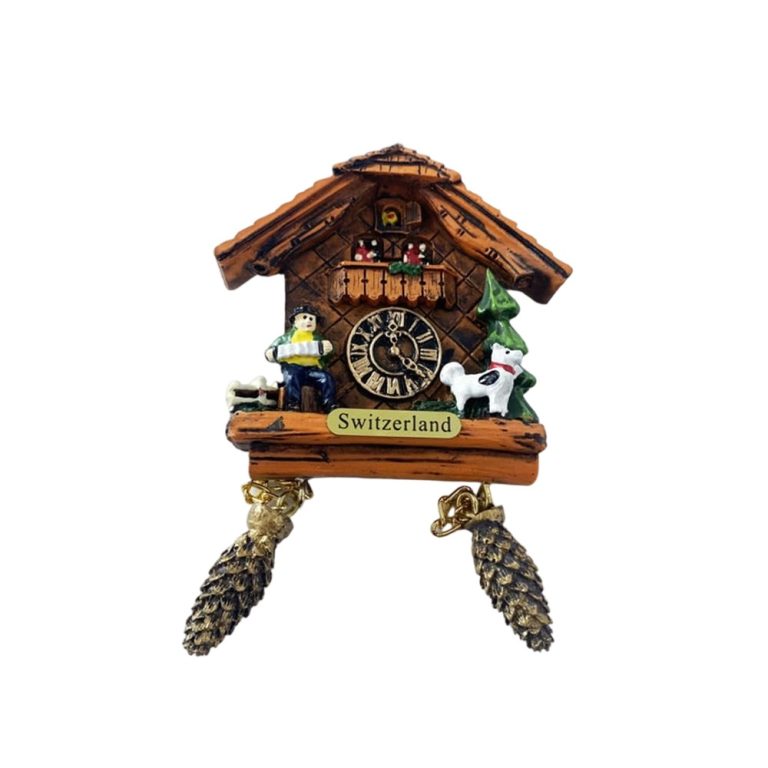 swiss chalet magnet – slanted cuckoo clock style souvenir from switzerland with farmer and dog decor