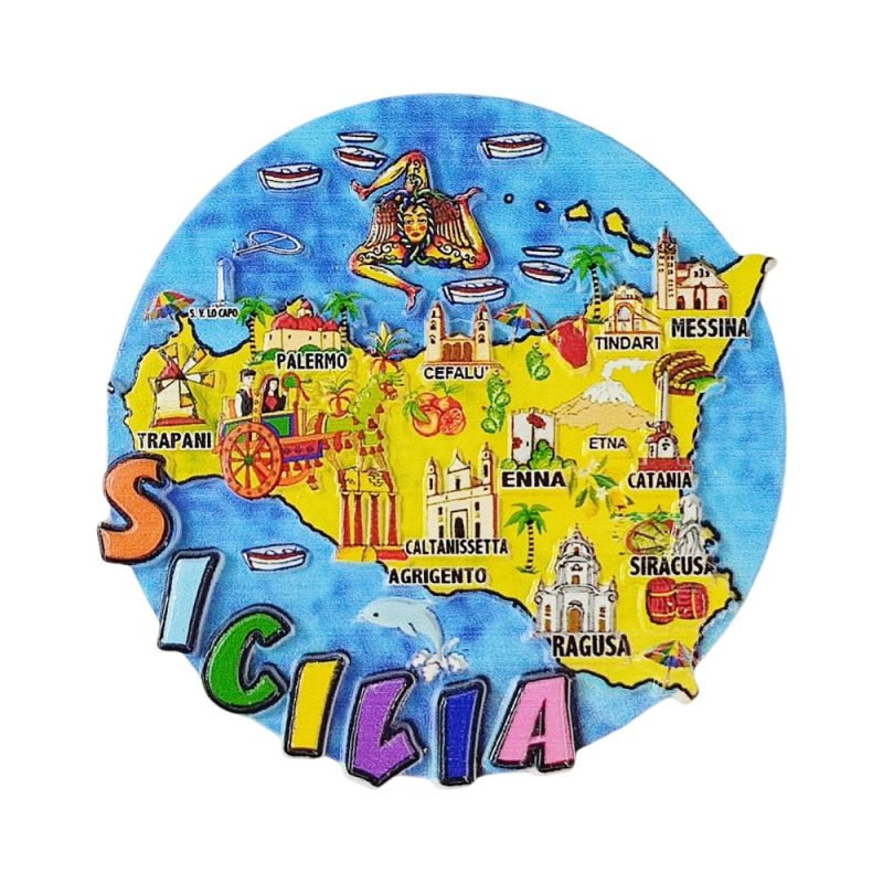sicily round italy fridge magnet – illustrated island map travel souvenir gift & colorful collectors decor