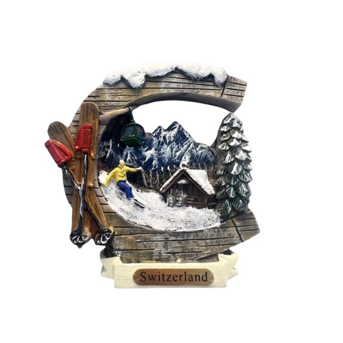 switzerland ski chalet fridge magnet – winter sports souvenir with snow cabin & alpine ski scene