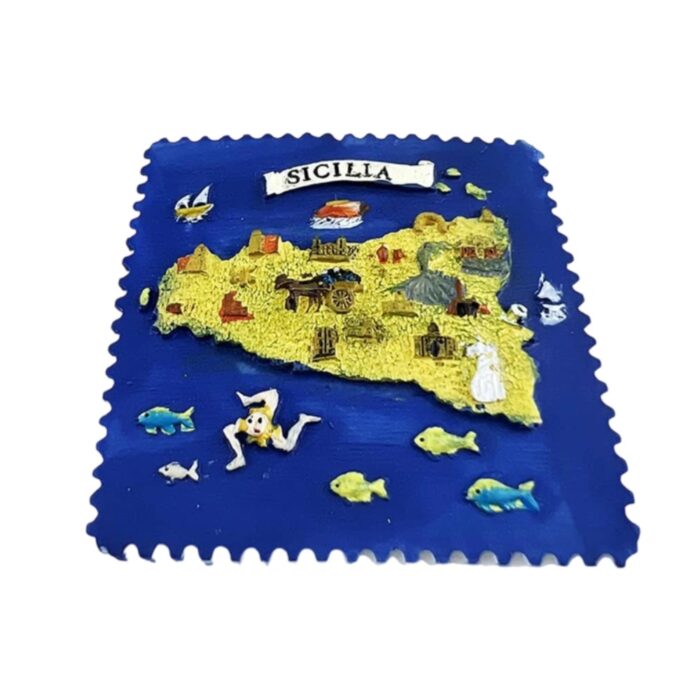 sicilia italy fridge magnet – blue postcard style map with sea life & trinacria – coastal culture travel keepsake & island memory