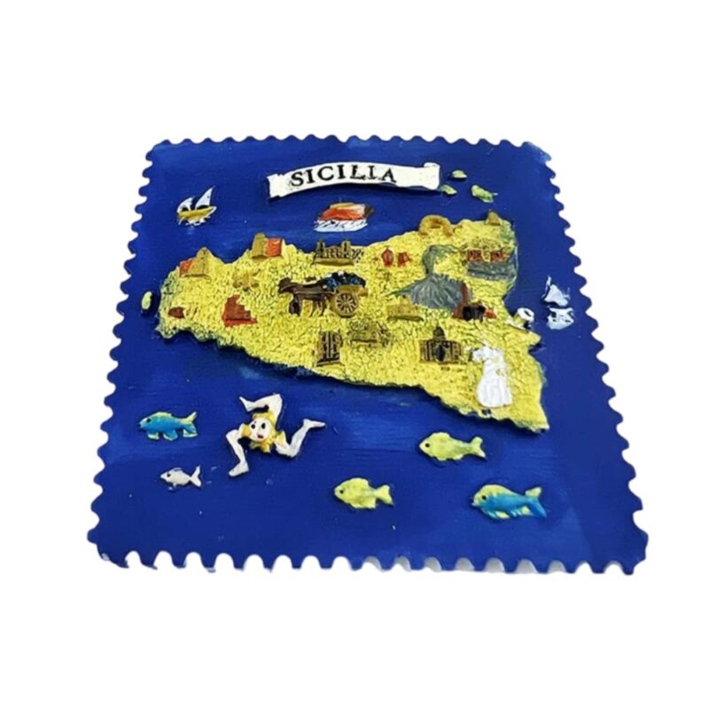 sicilia italy fridge magnet – blue postcard style map with sea life & trinacria – coastal culture travel keepsake & island memory