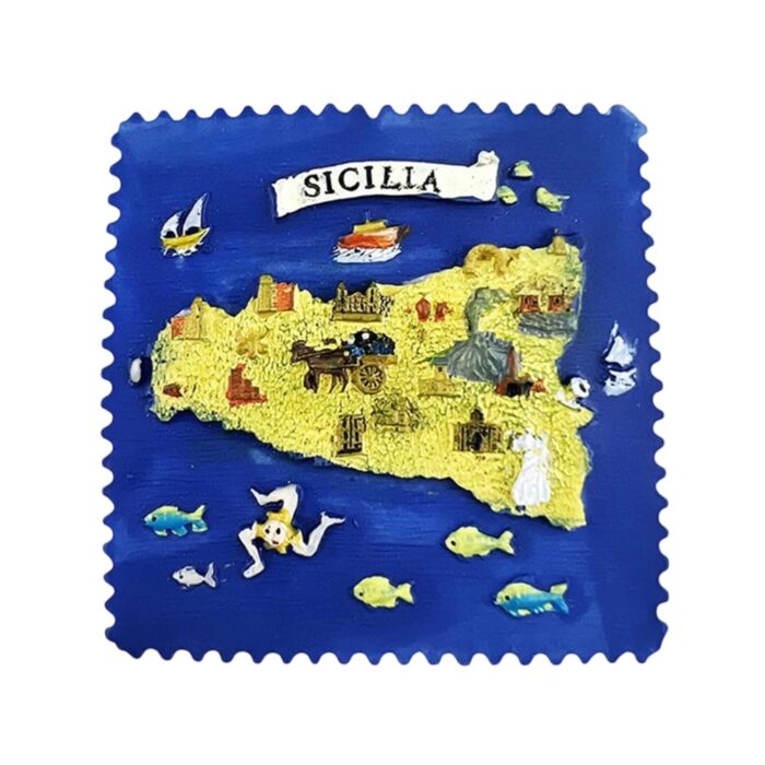 sicilia italy fridge magnet – blue postcard style map with sea life & trinacria – coastal culture travel keepsake & island memory