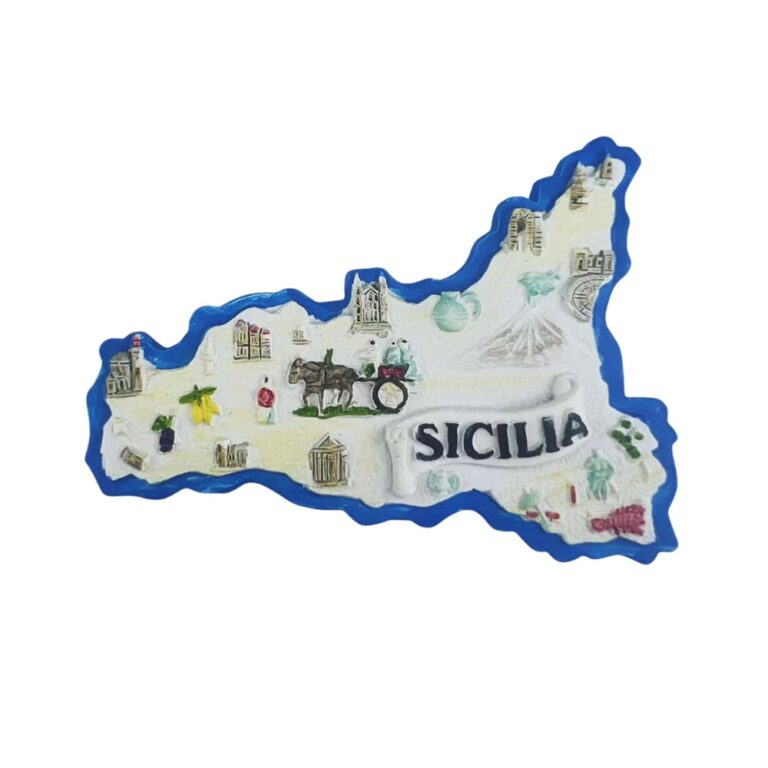 sicilia italy fridge magnet – white island map with local symbols & carts – regional heritage gift & minimalist decor accent