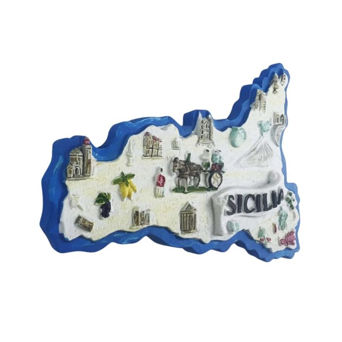sicilia italy fridge magnet – white island map with local symbols & carts – regional heritage gift & minimalist decor accent