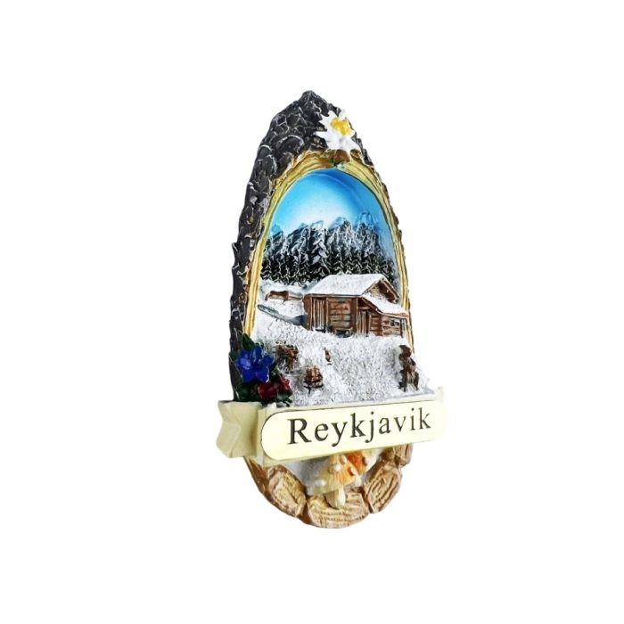 reykjavik iceland winter cabin scene fridge magnet – cozy nordic lodge decor & gift idea