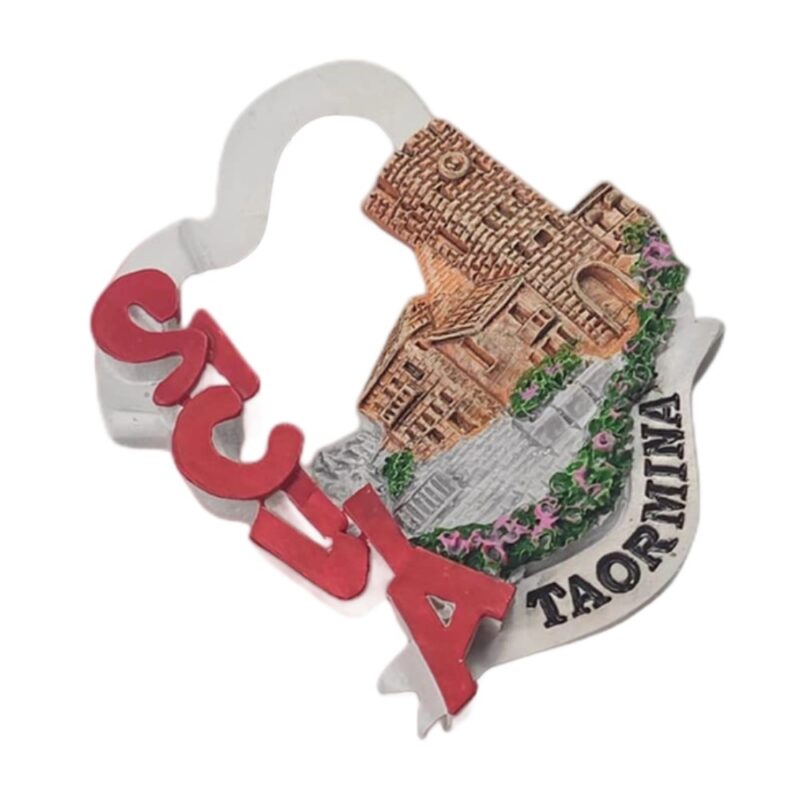 taormina sicily fridge magnet historic italian village souvenir, stone tower travel keepsake