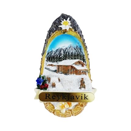 reykjavik iceland winter cabin scene fridge magnet – cozy nordic lodge decor & gift idea