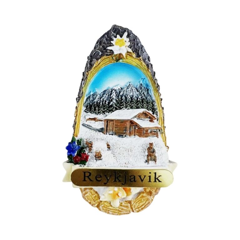 reykjavik iceland winter cabin scene fridge magnet – cozy nordic lodge decor & gift idea