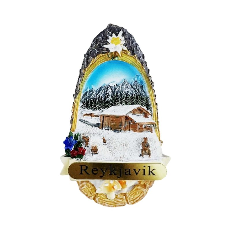 reykjavik iceland winter cabin scene fridge magnet – cozy nordic lodge decor & gift idea